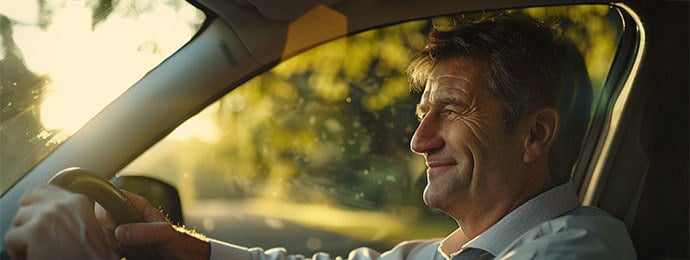 Middle-aged man smiling while driving a car at sunset, highlighting relaxed and confident driving experience