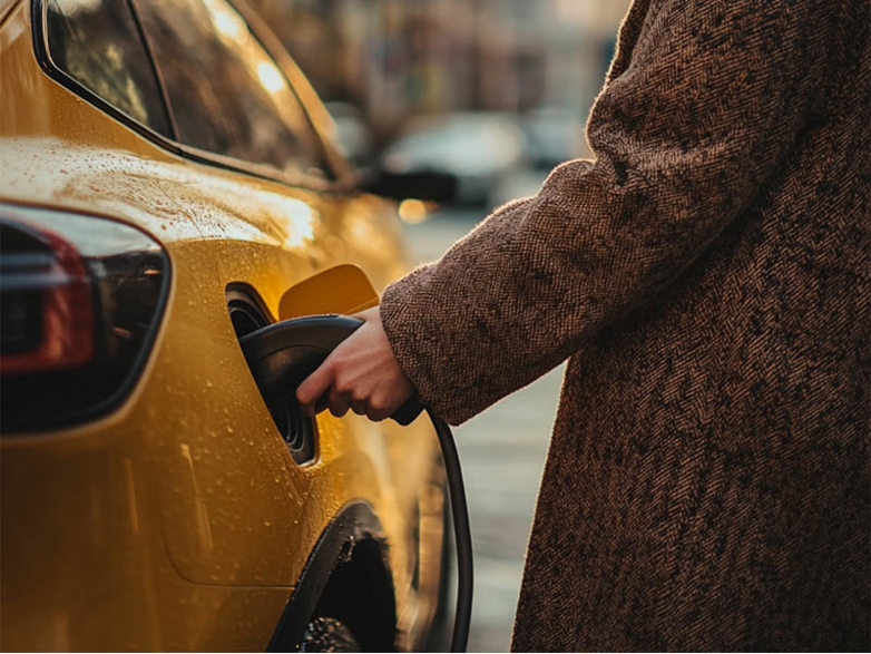 Person plugging a yellow electric car into charge in an urban setting