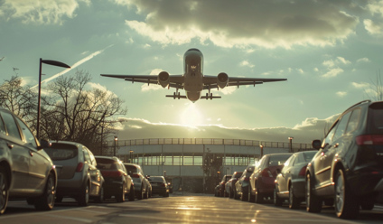 Plane flying over airport car park with parked cars and terminal in background