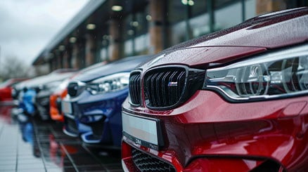 Close-up of BMW cars, including a red M series, parked outside a modern UK dealership on a rainy day with reflective pavement