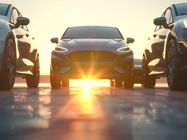 Ford Fiesta hatchbacks lined up at sunset with headlights on, highlighting the car’s sporty front design