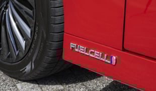 Close-up view of a Toyota Mirai in red