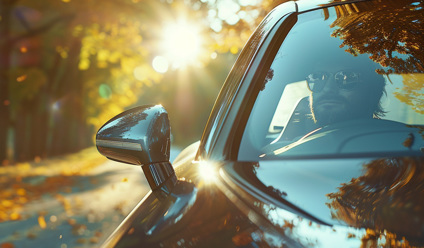 Man driving a sleek modern car on a sunny autumn road
