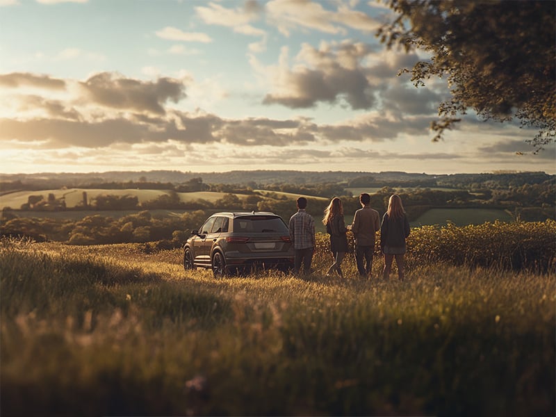 Group of young adults standing next to an SUV on a grassy hill at sunset, overlooking rolling countryside and fields