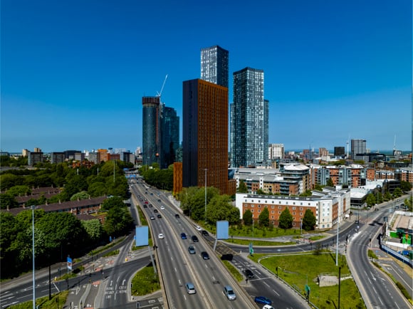 An aerial photograph of skyscrapers in Deansgate, Central Manchester, England.