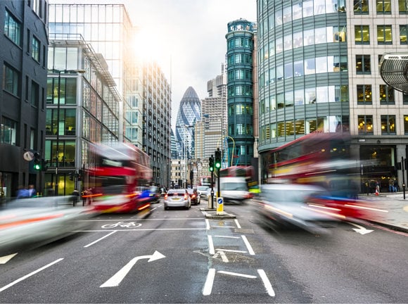 Busy street in London with buses