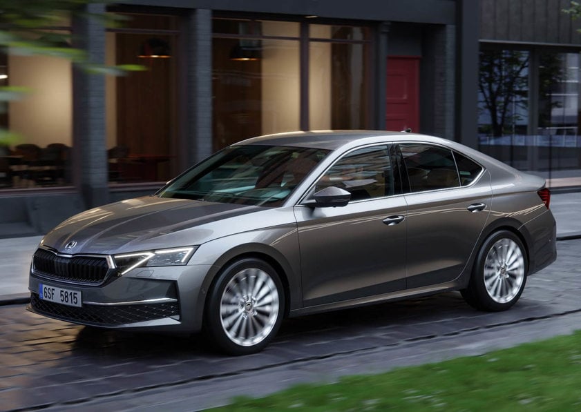 Silver Skoda Octavia pictured from side on