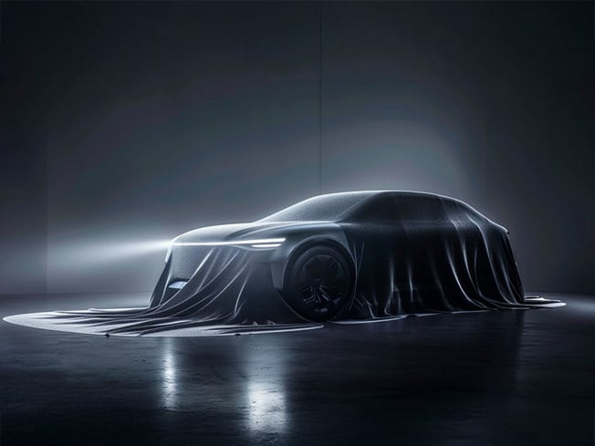 Futuristic SUV hidden under a sleek fabric cover in a dimly lit showroom with one headlight illuminated