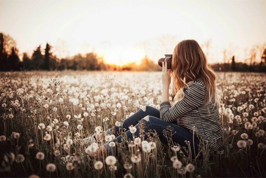 woman sitting on flower field taking photo of trees