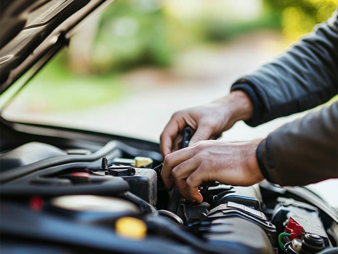 Person maintaining their car engine with their hands