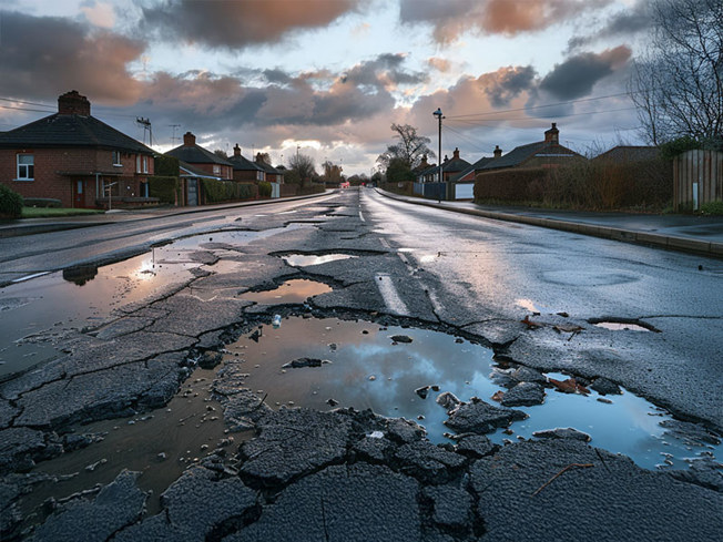 Damaged UK residential road with large potholes and cracks, reflecting the cloudy evening sky, lined by houses and trees