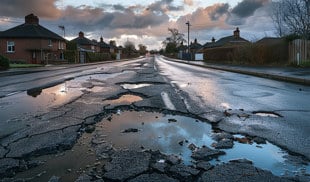 Damaged UK residential road with large potholes and cracks, reflecting the cloudy evening sky, lined by houses and trees