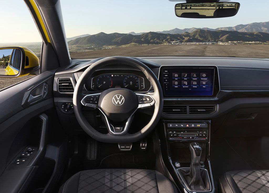 Volkswagen T-Cross lease car steering wheel and infotainment system