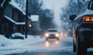 Car driving in a suburb with snow on the road