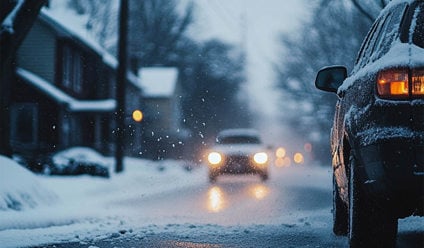 Car driving in a suburb with snow on the road