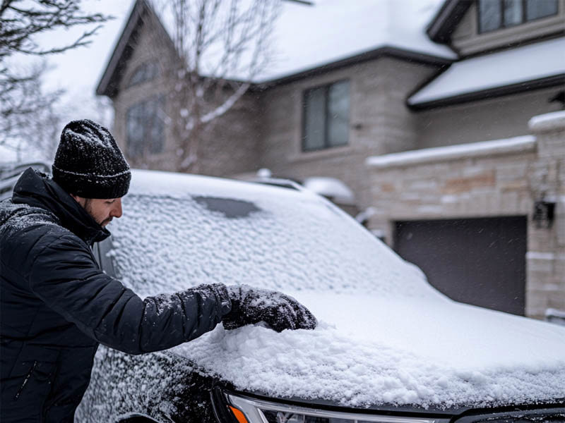 Man clearing thick snow off of a car outside a house